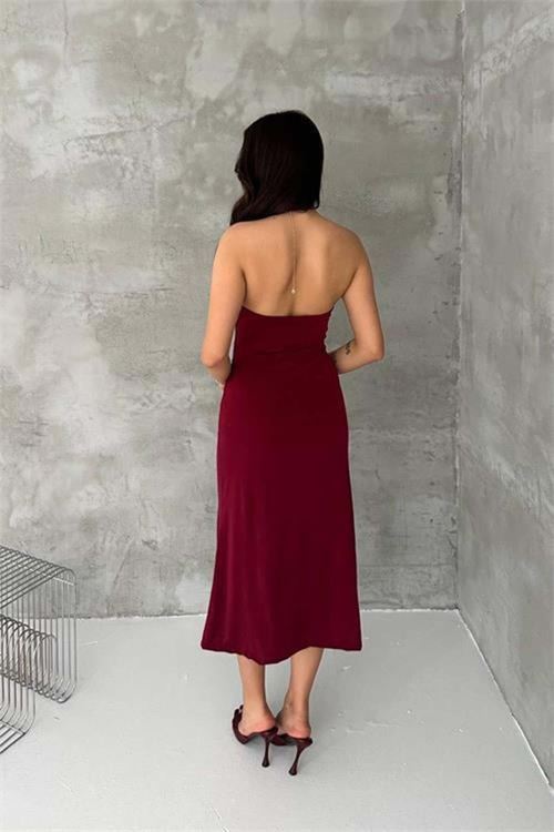 Kadın bordo sırt dekolteli metal yaka midi elbise DPK4543