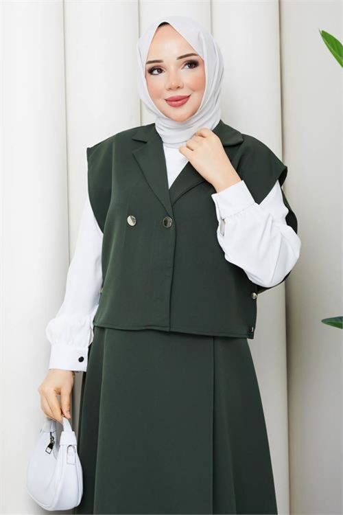 Kadın yeşil etek bluz ve yelek üçlü tesettür takım DPFT007
