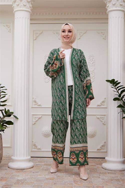 kadın ithal kumaş tesettür kimono takım SMS020 - Yeşil