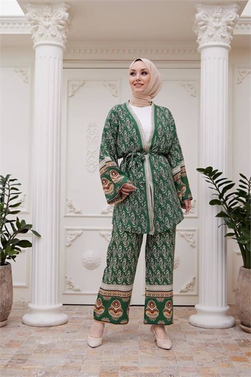 kadın ithal kumaş tesettür kimono takım SMS020 - Yeşil