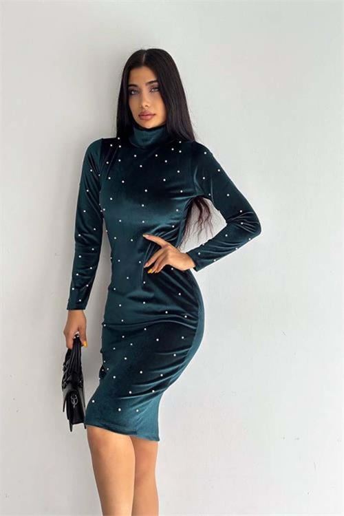 kadın inci detaylı mini kadife elbise DPKKLF77 - Yeşil