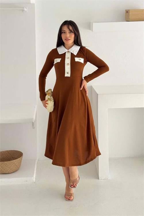 Kadın gold düğme detaylı midi boy elbise DPK4327