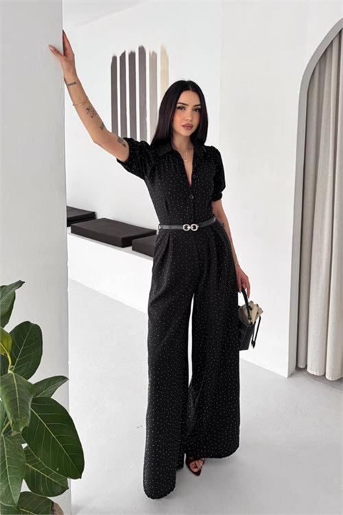 Kadın siyah kemer detaylı tam boy taşlı gömlek yaka tulum DPK4592