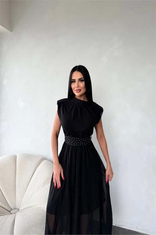 kadın kuşağı taş detaylı midi şifon elbise DPMY3509