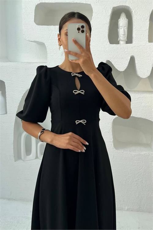 Kadın fiyonklu karpuz kol midi örme elbise DPMY3578