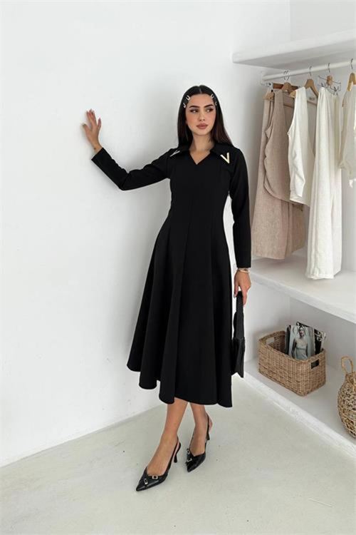Kadın yaka detaylı midi boy örme elbise DPK4360