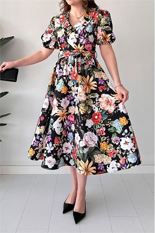 Kuşaklı poplin kumaş Çiçek desenli elbise DPMY3467