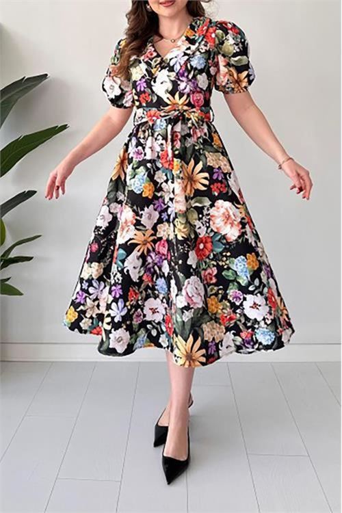 Kuşaklı poplin kumaş Çiçek desenli elbise DPMY3467