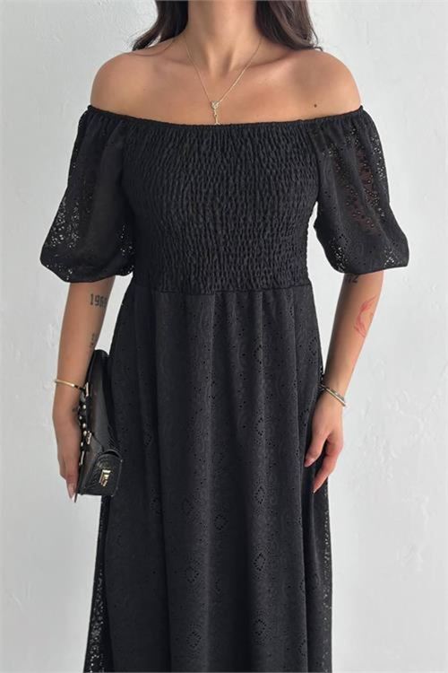 kadın siyah kare yaka dantel elbise DPK053