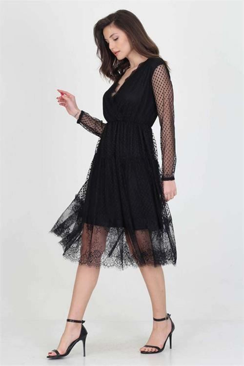Neseli butik kruvaze yaka eteği güpür detaylı yeni sezon elbise DP0010