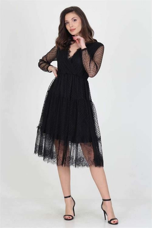 Neseli butik kruvaze yaka eteği güpür detaylı yeni sezon elbise DP0010