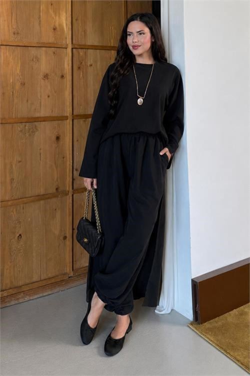 Kadın siyah asimetrik tunik pantolon oversize tesnsel tesettür takım NMS104