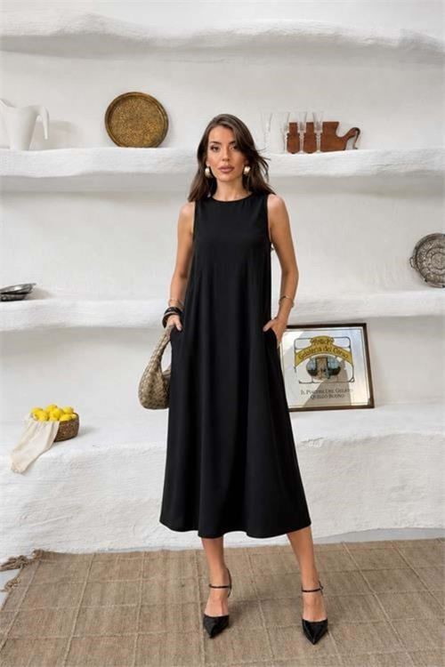 Kadın siyah cep detaylı kolsuz oversize yazlık elbise DPNP038