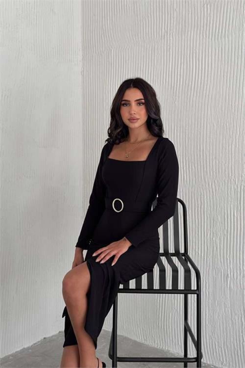Kadın kemerli kare yaka elbise DPK4317