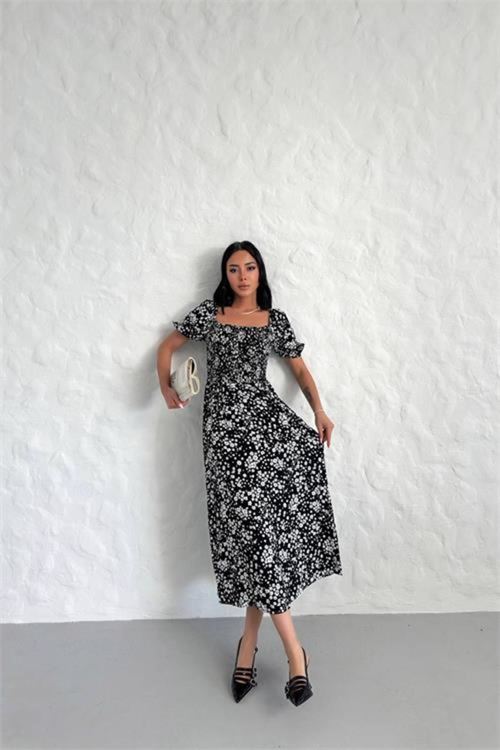 Dipmoda kadın yazlık madonna yaka desenli viskon elbise DPG022