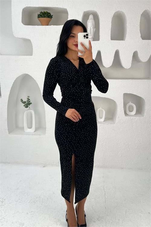 Kadın kruvaze yaka ışıltılı midi boy elbise DPMY3837