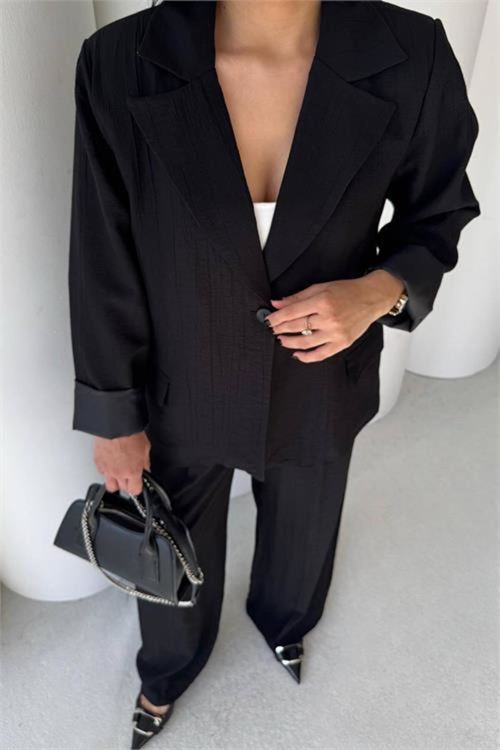 Kadın siyah oversize tek düğmeli blazer ceket pantolon takım DPSTR4085