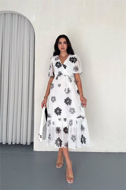 Dipmoda kadın kuşaklı çiçek desenli şifon elbise DPK41181