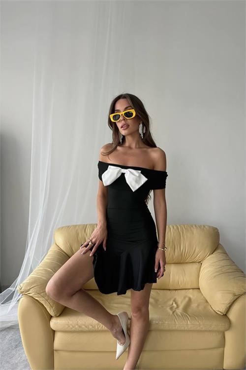 Dipmoda kadın mini boy likralı fiyonk elbise DPDF038