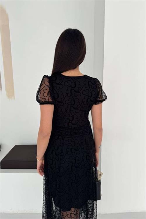 Kadın siyah asimetrik kesim flok baskılı midi boy elbise DPK078