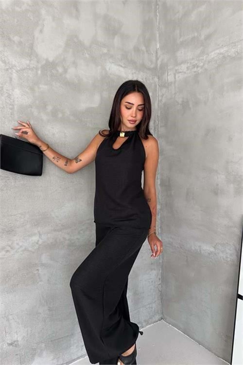 Kadın siyah halter yaka kolsuz ikili yazlık premium takım DPK4647