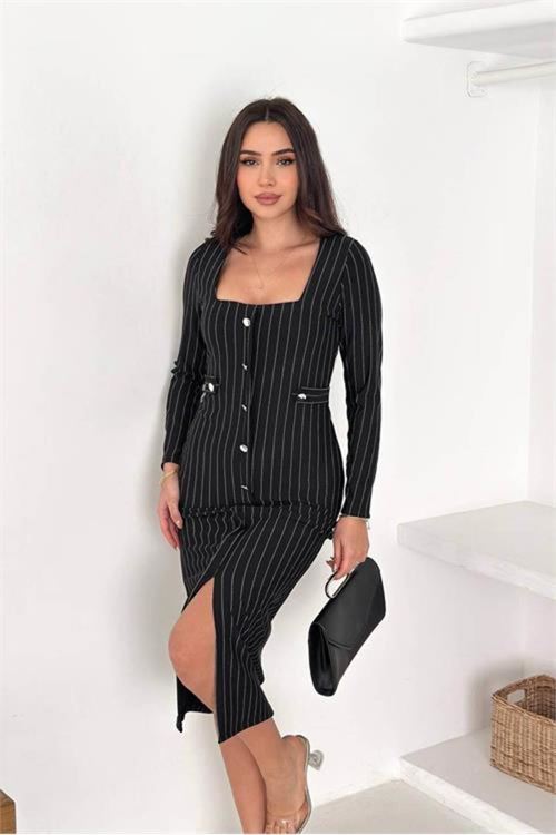 Kadın çizgili desen kare yaka midi boy düğme detaylı elbise DPK069