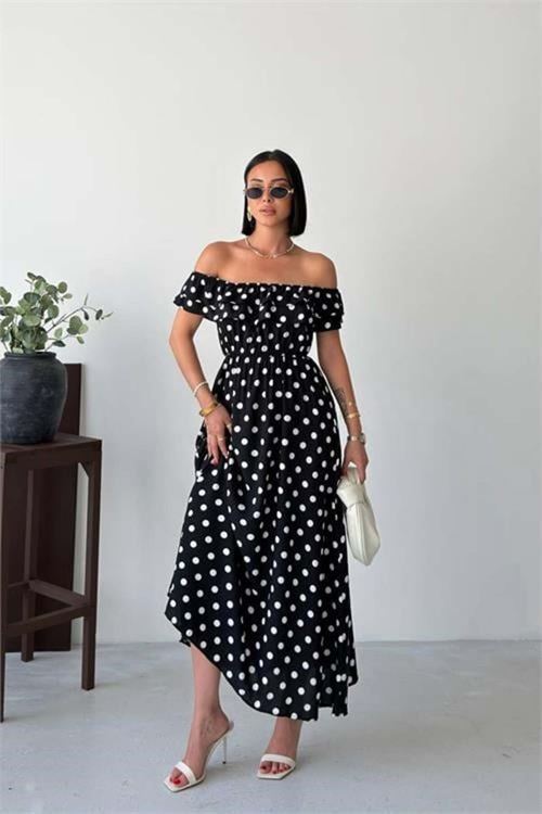 Kadın siyah madonna yaka fırfır detaylı desenli midi boy elbise DPG136
