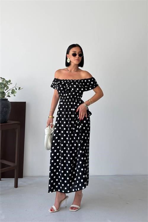 Kadın siyah madonna yaka fırfır detaylı desenli midi boy elbise DPG136