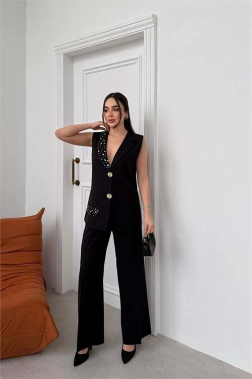 Kadın bej taş işlemeli gold düğme detaylı kolsuz blazer ceket pantolon takım DPSTR1030