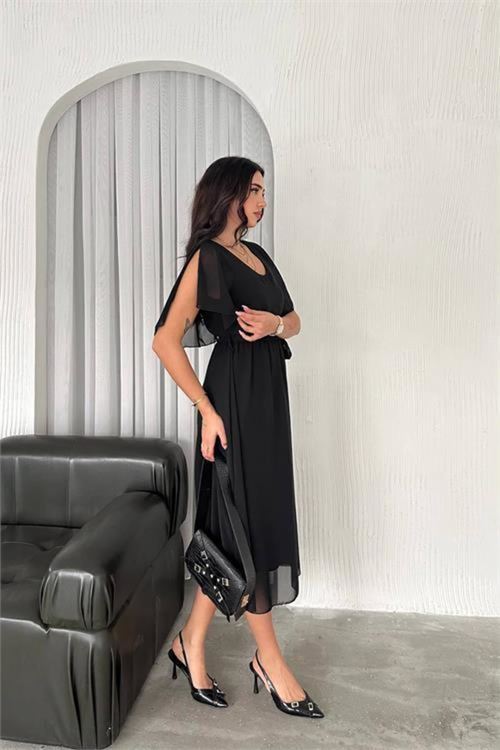 kadın kuşaklı midi boy şifon elbise DPK4116