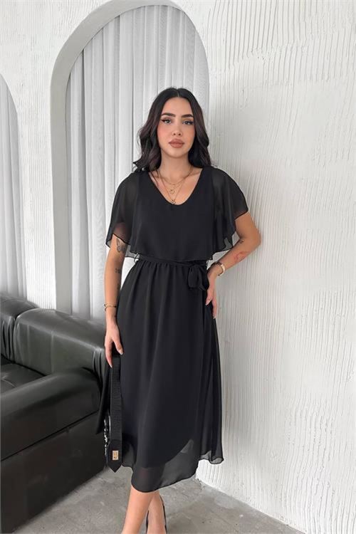kadın kuşaklı midi boy şifon elbise DPK4116