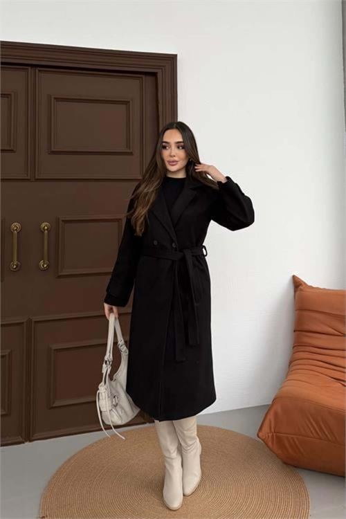 Kadın premium kuşaklı reglan kol düğmeli siyah kaşe kaban DPKBN01