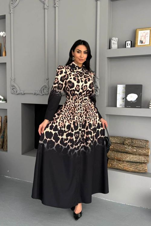 Kadın düğmeli atlas kumaş siyah leopar desenli ithal elbise DPMS2597