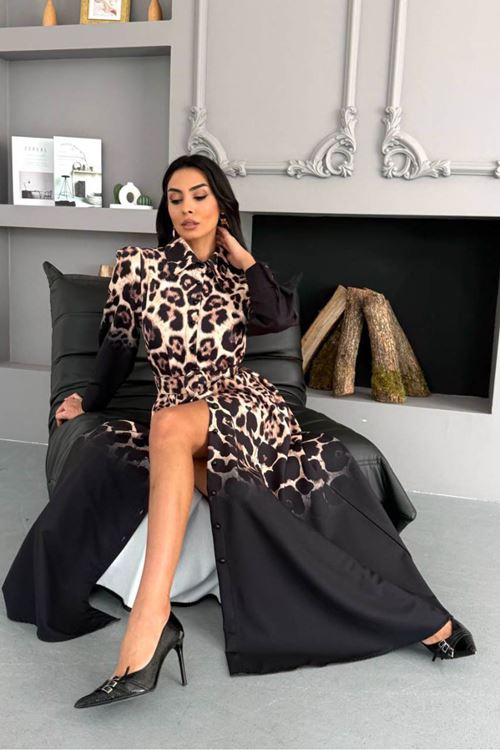 Kadın düğmeli atlas kumaş siyah leopar desenli ithal elbise DPMS2597