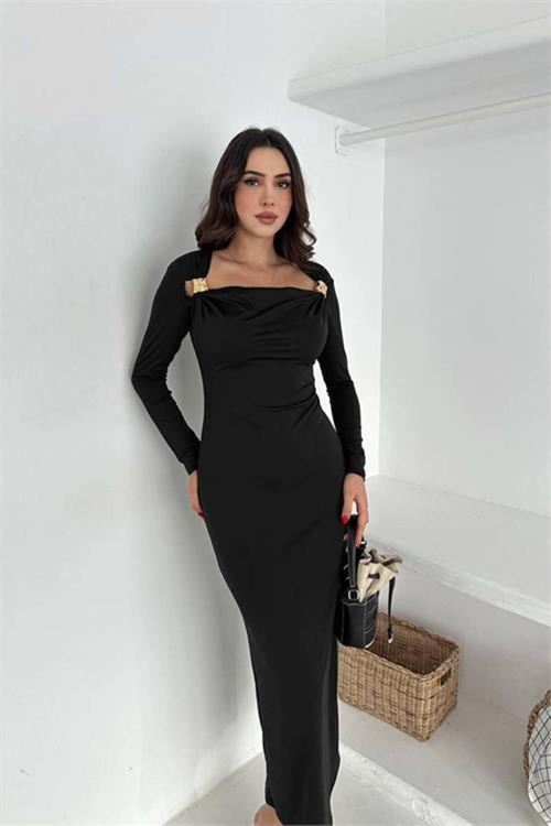 Kadın kayık yaka gol aksesuarlı elbise DPK4386