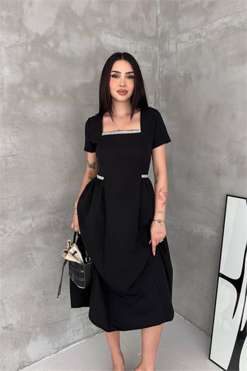 Kadın siyah kare yaka taş detaylı etek drapeli midi boy elbise ---- DPK4621