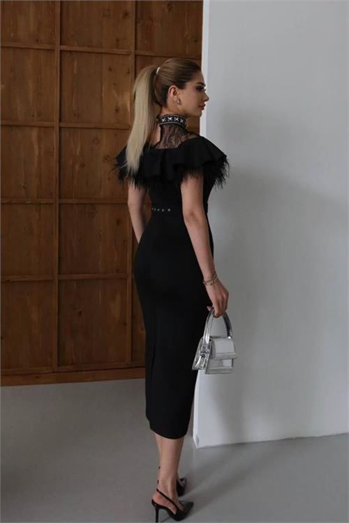 Kadın dantelli midi boy taşlı tasarım elbise DPNC2521