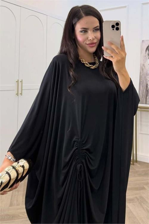 Kadın siyah büzgü detaylı premium tunik pantolon tesettür takım NMS103