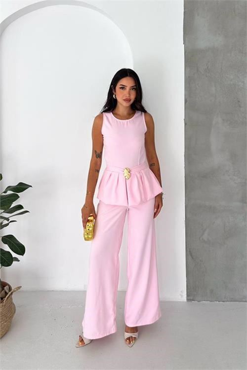 kadın pembe kolsuz gold toka detaylı peplum kesim preium tulum DPK4637