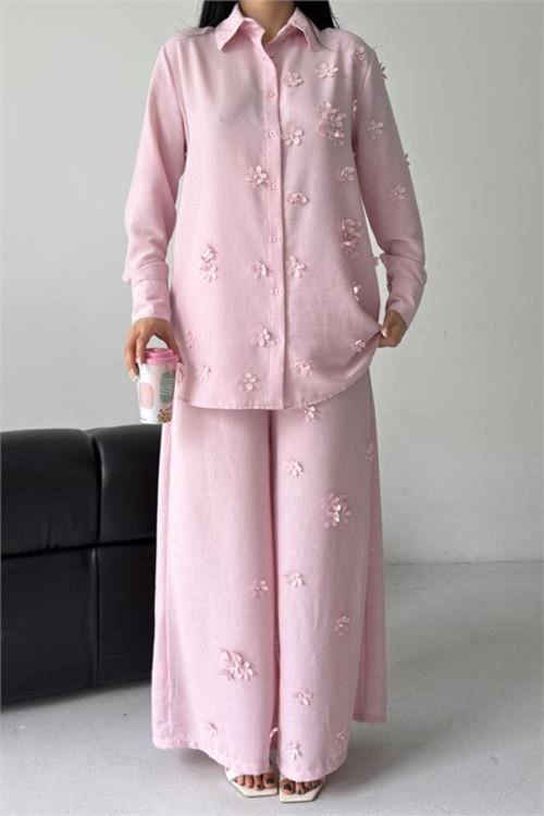 Kadın pembe çiçek aplikeli ikili keten kumaş takım DPMS2642