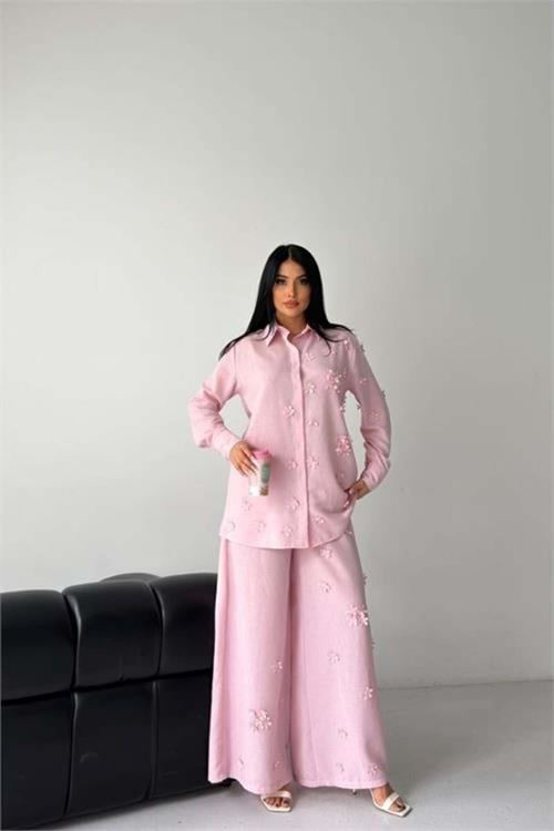 Kadın pembe çiçek aplikeli ikili keten kumaş takım DPMS2642