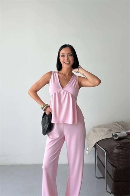 Kadın pembe modal kumaş volanlı atlet geniş paça pantolon yazlık ikili takım DPG132