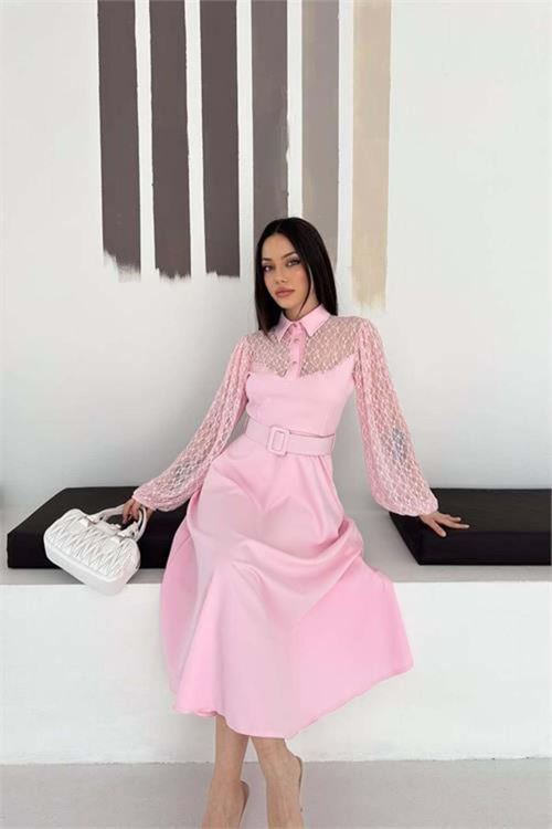 Kadın pembe gömlek yaka transparan üst detaylı kemerli midi boy elbise DPK4581