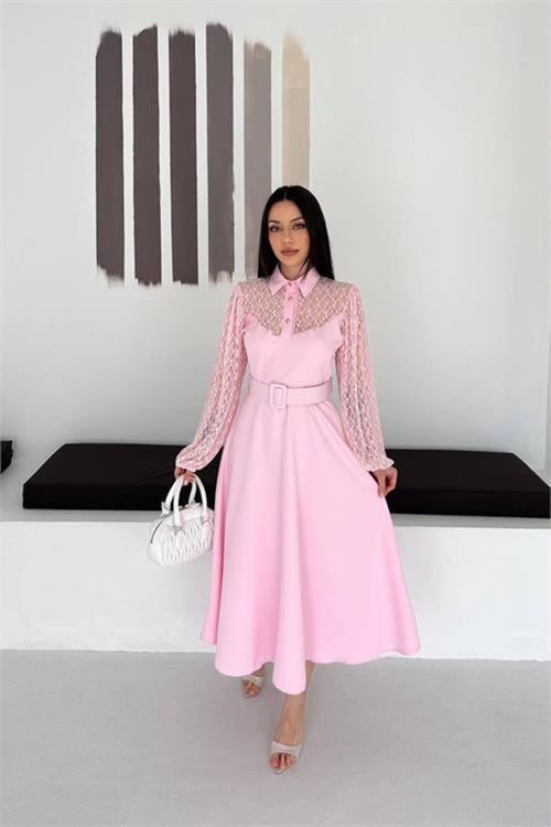 Kadın pembe gömlek yaka transparan üst detaylı kemerli midi boy elbise DPK4581