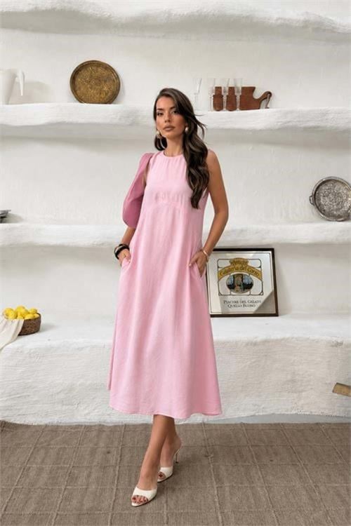 Kadın pembe cep detaylı kolsuz oversize yazlık elbise DPNP038