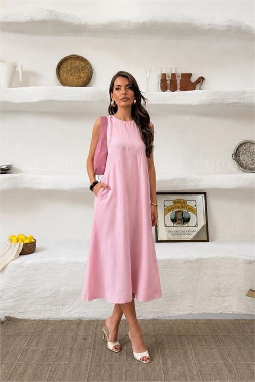 Kadın pembe cep detaylı kolsuz oversize yazlık elbise DPNP038