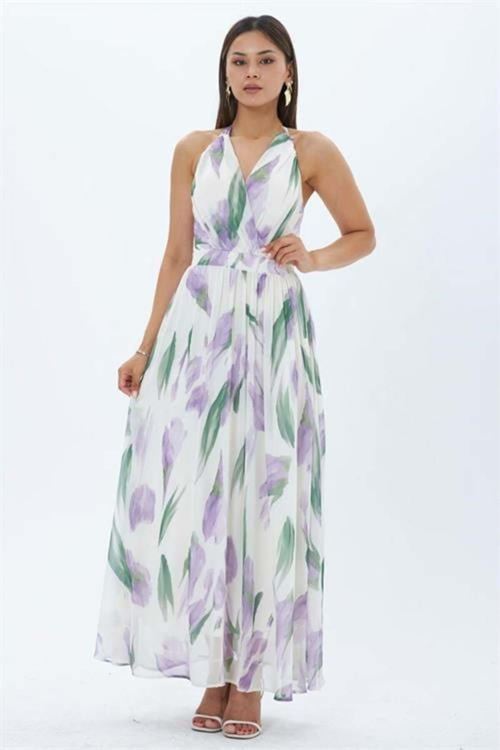 Kadın mor yaprak desen halter yaka maxi boy elbise DPMY4122