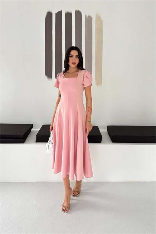 Kadın pembe kare yaka balon kol midi boy elbise DPK4550