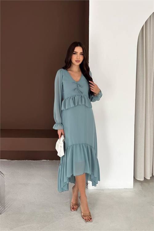 Kadın mint yeşili fiyonk detaylı v yaka volanlı midi boy şifon elbise