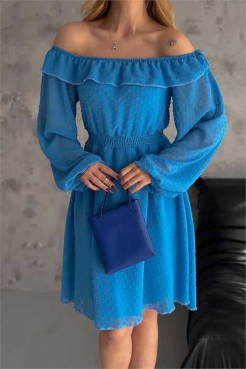 Dipmoda kadın mavi madonna yaka mini ponpon şifon elbise DPK2057